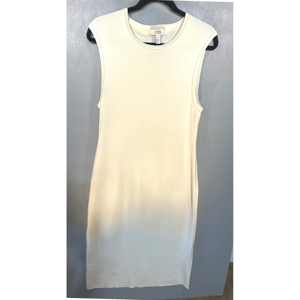 COS Cream Ribbed Sleeveless Midi Dress Crew Neck Bodycon Minimalist Size L